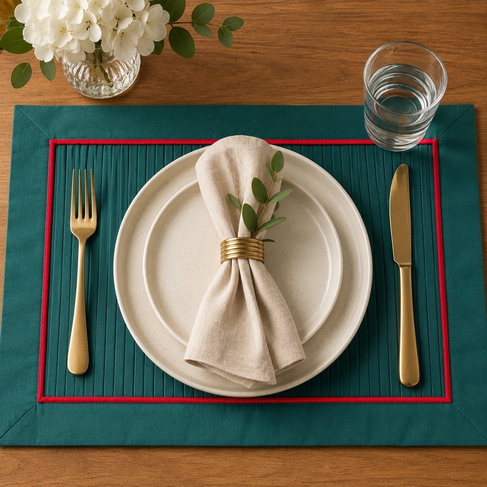 Set of 6 Forest Green Pleated Cotton Placemats with Red Embroidered Trim Trim